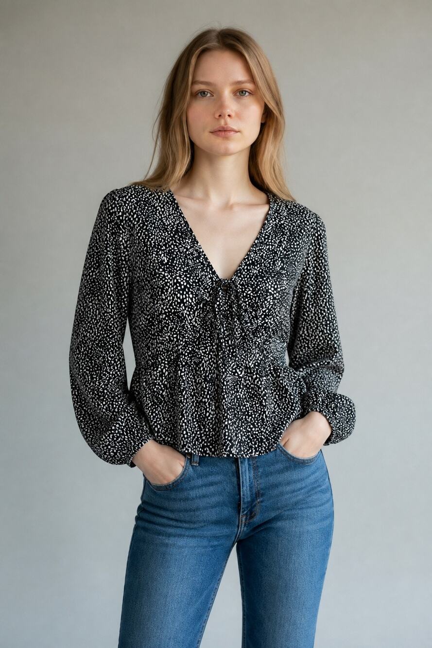 Abercrombie & Fitch Black White Tie Front Peplum Long Puff Sleeve Blouse Size S